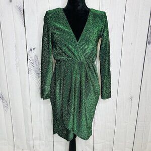 NWT Flounce Club London Jersey Wrap Front Mini Dress Sparkle Green Sz US 6 UK 10